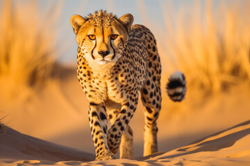 Cheetah in dunes. Dangerous wild animal in desert. Big cat cheetah leopard.