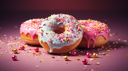 Sweet Sprinkle Glazed Donuts with Dripping Pastel Frosting/Icing - Closeup on Pop Art Pastel Colored Backdrop - Generative AI