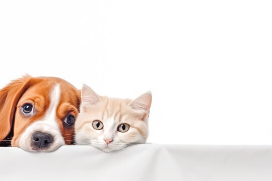 Cats and dogs peeking over white edge. Web banner. Cute pets. White background.