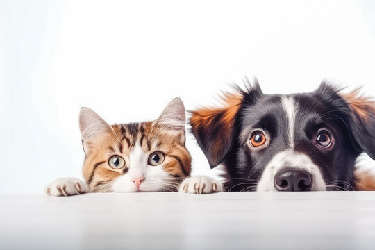 Cats and dogs peeking over white edge. Web banner. Cute pets. White background.