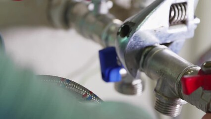 tightening the threaded connection of plumbing pipes with a wrench