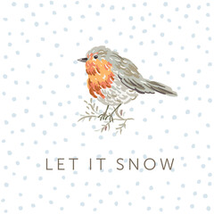 Christmas greeting card with robin bird, snow, white background. Vector illustration. Forest nature. Poster design template. Winter Xmas holidays
