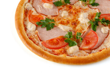 pizza with ham and tomatoes on white background for food delivery restaurant menu