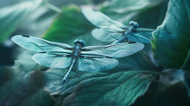 Close-up of dragonfly on leaf, decorative background or wallpaper