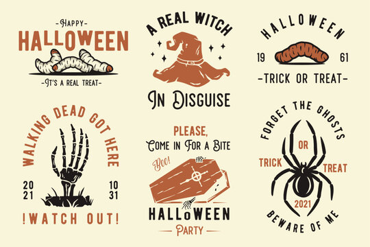 Halloween set of designs for the feast of the dead or Dia de los Muertos. Collection of emblems with crosses, coffin, spider and skeleton hand for Halloween party and mystery night