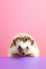 Greeting card, hedgehog peeking, pastel background, copy space