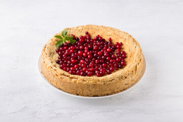 Royal curd cheesecake decorated with cranberries and mint on a light gray background