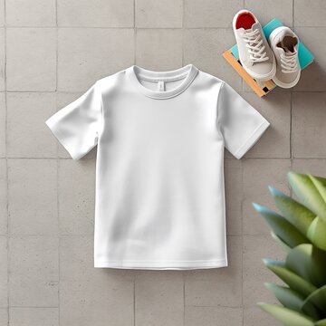 White kids T-Shirt Mockup. Flat Lay, Top View