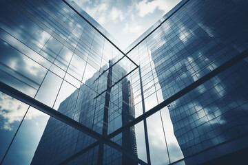 Obraz premium Reflective skyscrapers, business office buildings. Low angle photography of glass curtain wall details of high-rise buildings.The window glass reflects the blue sky and white clouds. High quality