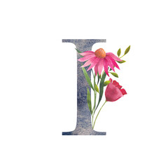 Letter F with watercolor wildflowers. Floral alphabet, set isolated letters with botanical bouquet. monogram initials perfectly for wedding invitation, birthday, greeting card and other design