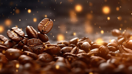 Roasted coffee beans on brown blurred background with bokeh effect. Stylish design for cover,...