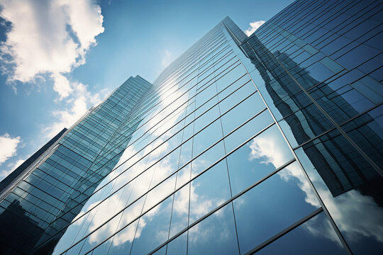 Reflective skyscrapers, business office buildings. Low angle photography of glass curtain wall details of high-rise buildings.The window glass reflects the blue sky and white clouds. High quality