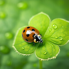 Obraz premium Lady beetle on clover, lucky charms