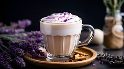 Coffee latte with lavender flowers on black background.
