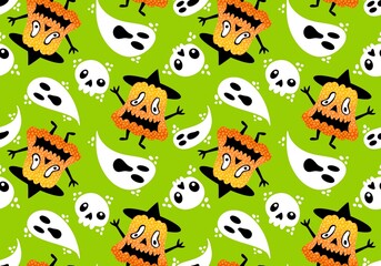 Fototapeta premium Autumn cartoon harvest vegetable seamless Halloween pumpkins and ghost pattern for wrapping paper and fabrics