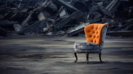 orange chair in abandoned place.