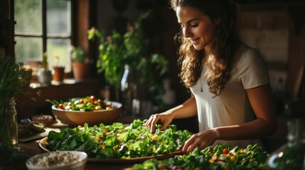 Garden to Table: Beautiful Woman Preparing Salad Delights, generative ai