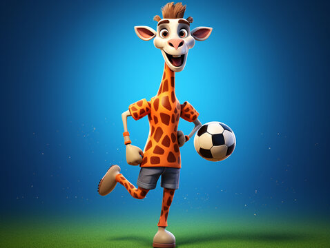 A Cute 3D Giraffe Playing Soccer on a Solid Color Background | Generative AI