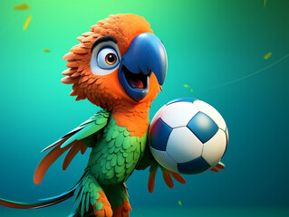 A Cute 3D Macaw Playing Soccer on a Solid Color Background | Generative AI