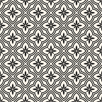 Vector black and white floral geometric seamless pattern. Abstract minimal geometric ornament with flowers in oriental style. Simple elegant background. Luxury ornamental texture. Repeat geo design