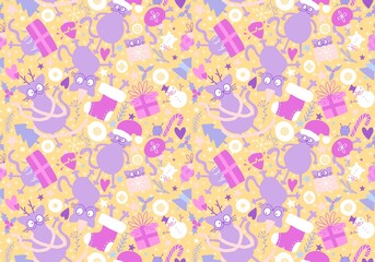 Fototapeta premium Christmas animals seamless cats and gift box and tree and toys pattern for wrapping paper and fabrics