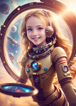 Little girl on the background of space astronaut in a steampunk style suit, Generative AI