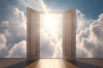 White doors with gold ornaments leading to heaven, clouds and sunlight. Generative AI illustration