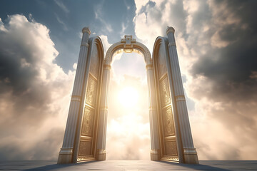 Divine gate leading to heaven through sunlight and clouds. Generative AI illustration