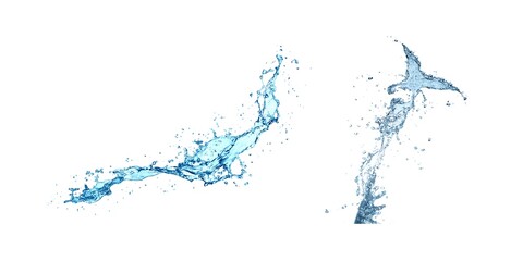 Transparent blue water splashes and ripples with drops. Liquids splashing fluid with droplets, realistic isolated, transparent cool drink, transparent water falling or pouring with air bubbles.