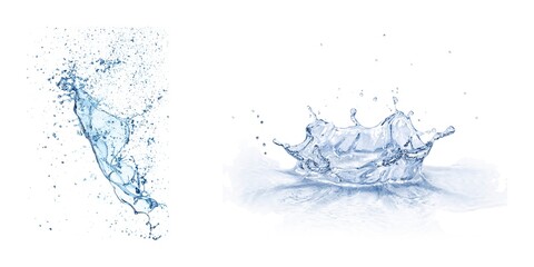 Transparent blue water splashes and ripples with drops. Liquids splashing fluid with droplets, realistic isolated, transparent cool drink, transparent water falling or pouring with air bubbles.