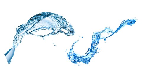 Transparent blue water splashes and ripples with drops. Liquids splashing fluid with droplets, realistic isolated, transparent cool drink, transparent water falling or pouring with air bubbles.