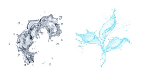 Transparent blue water splashes and ripples with drops. Liquids splashing fluid with droplets, realistic isolated, transparent cool drink, transparent water falling or pouring with air bubbles.