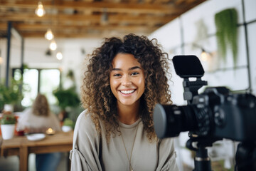 Young female influencer recording a video for social media, capturing her lifestyle