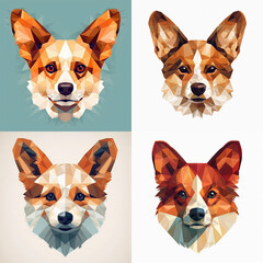 4 Geometric Illustrations of a Corgi Dog, Head Only, isolated on a plain background. 