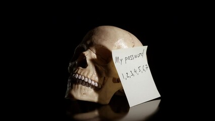 Easy login access. A view of login access with easy nombers on the paper by the human skull against black background. A concept of problems with security life.