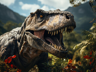 Close-up of Tyrannosaurus Rex head created with Generative AI