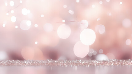 Fototapeta na wymiar Beautiful festive background image with bokeh and sparkles, pastel pearl and silver colors. Selective focus and depth of field