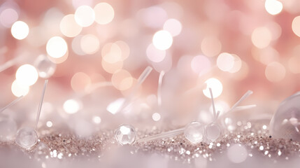 Beautiful festive background image with bokeh and  sparkles, pastel pearl and silver colors. Selective focus and depth of field