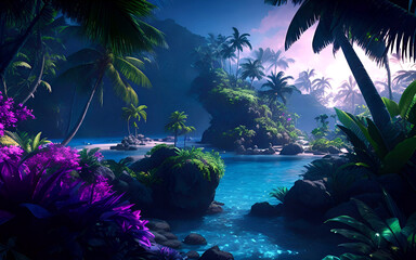 Early morning on a tropical island with rocks and palm trees and calm bay
