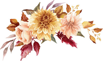 Autumn floral bouquet with dahlia, rose and eucalyptus leaves. Burnt orange flowers, terracotta  foliage. Watercolor illustration. Rustic wedding
