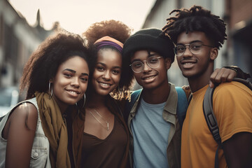 A lively and vibrant portrait capturing the camaraderie and spirit of a diverse group of teenagers, exuding energy and enthusiasm