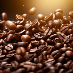 Coffee beans in motion on a blurred background. The main ingredient for the morning Americano, invigorating espresso.