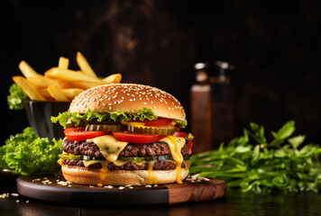 Fresh and Big Handmade Burger made on the griddle drizzled with special sauces and adding gourmet toppings, cheeses, pickles, salad, tomato, lettuce. Served with fries and a cold drink. Wooden table