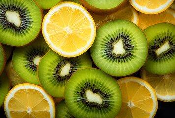 Obraz na płótnie Canvas Juicy and fresh Kiwi and lemon sliced on top of each other. Macro. Fresh fruit. Sicilian lemon