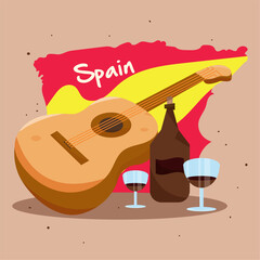 Map of Spain with wine drink and a wooden guitar Spain culture template Vector