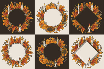 Set of Halloween designs for holiday backgrounds, banners and postcards. Halloween collection with pumkins, lantern, skeleton hand and autumn leaves for decoration dark party or scary autumn festival