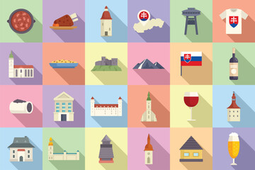 Slovakia icons set flat vector. City culture. Historic europe