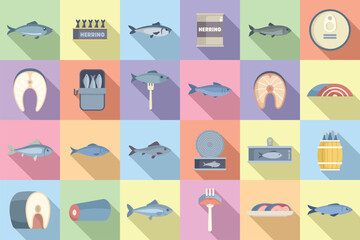Herring icons set flat vector. Fish cod. Water trout