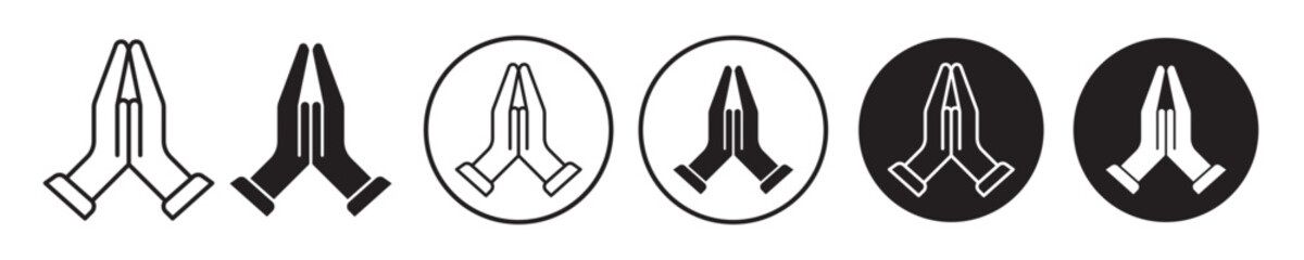 Pray icon set. religious prayer hand sign. namaste respect or faith vector symbol. sorry hands line and filled sign in black color. suitable for mobile app, and website UI design.