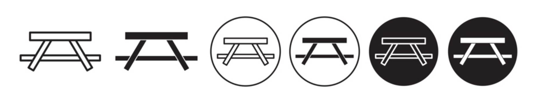 picnic table icon set. picnic area wooden bench in filled and line style. 